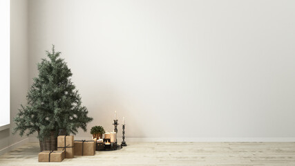 Modern white living room with simple Christmas tree decoration - 3D rendering