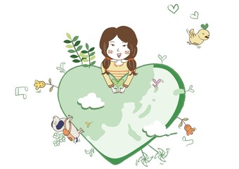 girl and heart shaped earth