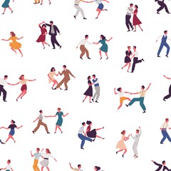 Fototapeta na wymiar Colorful man and woman dancers performing Lindy hop or Swing seamless pattern. Pairs dancing together on white background. People demonstrate retro dance elements vector flat illustration