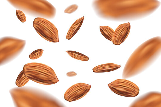 Realistic Falling almond nuts isolated on white background. Template with almonds for packaging design. 3d vector illustration