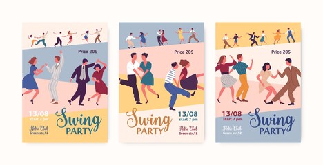Set of Swing party colorful promo poster vector flat illustration. Collection of announcement Lindy hop dancing event with place for text. Male and female cartoon characters performing dance