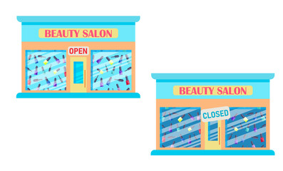 The beauty salon is open and closed.A collection of store facades isolated on a white background.Vector illustration in flat style