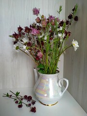 composition of white daisies, crimson and pink wildflowers in a pearl vintage teapot on a light wood background