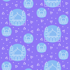Islamic pattern icon mosque tower dome religious star moon arts decoration with filled color background blue theme flat style.