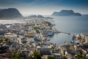 Obraz premium Alessund city consists of islands, aerial view. Beautiful city in Norway. Sea port