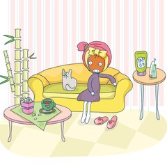 girl with face pack sitting on sofa
