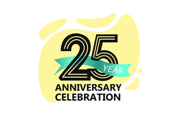 25 year anniversary, minimalist logo. jubilee, greeting card. Birthday invitation. year sign. Blue Ribbon space vector illustration on white background - Vector