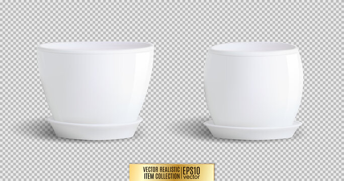 Vector set of realistic isolated white flower pot on transparent background. 3d illustration