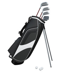 Golf clubs in a bag isolated on white background, die-cut image for outdoor sport and recreation, 3D illustration.