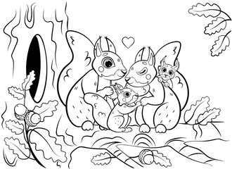 Printable coloring page outline of cute cartoon squirrel family on tree near the hollow. Vector image. Coloring book of forest wild animals for kids
