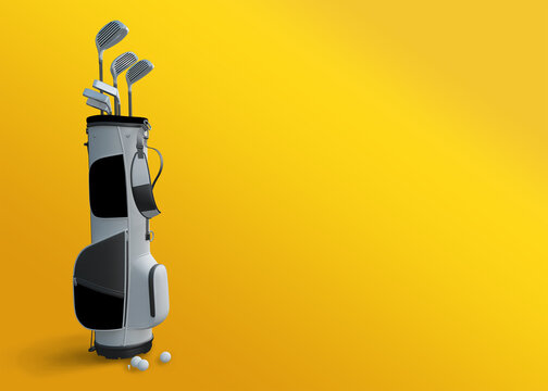 Golf clubs in golf bag isolated on orange background with copy space for your text and advertisement, Concept image for outdoor sport and recreation, 3D illustration.