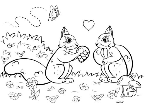 Printable coloring page outline of cute cartoon squirrels in love in a clearing. Vector image. Coloring book of forest wild animals for kids