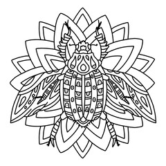 Greeting card with a beetle on a flower. Beautiful insect with spread wings. Insect ornament made in vector. Decorative coloring for adults and teens. Antistress coloring book with cute insect