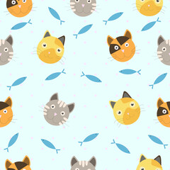 Three cats and a fish group vector pattern wallpapers with pink polka dots background light blue ,Seamless print illustration for children