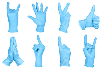 Obraz na płótnie Canvas Set of hand or signs gestures in blue disposable latex surgical gloves isolated on white background.