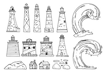 Set of lighthouses, ocean waves and stones. Seaside landscape template. Hand drawn outline vector sketch illustration. Isolated black on white background