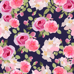 English pink roses vectors wallpaper seamless pattern on dark blue background