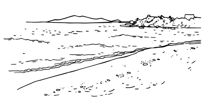 Seaside landscape. Hand drawn vector sketch ink illustration. Black on white background
