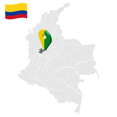 Location of Caldas on map Colombia. 3d Caldas location sign. Flag of Caldas. Quality map with regions Republic of Colombia for your web site design, logo, app, UI. Stock vector. EPS10.