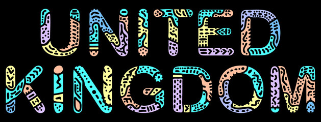 United Kingdom. Multicolored bright contrast isolate inscription. Colored curves doodle letters. United Kingdom for print, clothing, t-shirt, souvenir, booklet, banner, flyer, card, bag. Stock picture