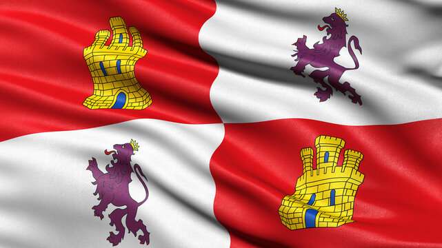 Flag of Castile and Leon waving in the wind. 3D illustration.