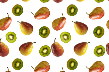 Seamless pattern of red and yellow pears and kiwi slices on a white background. The texture of the food