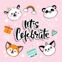 Birthday card with the head of funny animals and the inscription let's celebrate. Fox, llama, cat, panda on a pink background