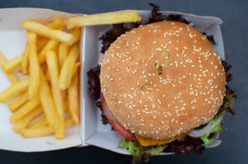 Close up photo of homemade hamburger with fresh vegetables, melted cheese on black table. Food delivery, restaurant, cafe illustration. Fries in box.