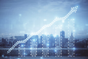 Forex graph on city view with skyscrapers background multi exposure. Financial analysis concept.