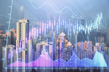 Forex chart on cityscape with skyscrapers wallpaper double exposure. Financial research concept.