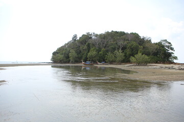 panorama day shot of a small deserted wild island at low tide with heavy green jungle forest vegetation, two long boats at the shore with white clouds on the background. Thailand