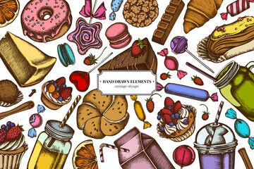 Colored elements design with cinnamon, macaron, lollipop, bar, candies, oranges, buns and bread, croissants and bread, strawberry, milk boxes, smoothie cup, lollipop, smothie jars, cheesecake, eclair