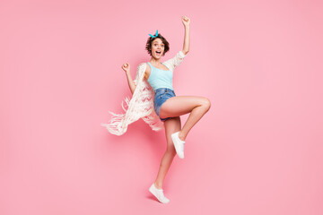 Full length body size view of her she nice attractive lovely pretty cheerful cheery glad ecstatic positive girl dancing having fun rejoicing air wind blowing isolated over pink pastel color background