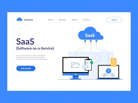SaaS or Software as a Service landing page first screen. Remote online access to cloud application services scheme.