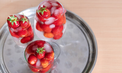 Strawberry Drink glass white background cocktail ice tropical leaves