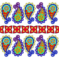 Turkish cucumber pattern with multicolored circles, triangles, and shapes on a white background