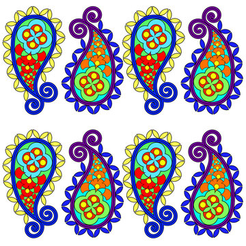 Turkish cucumber pattern with multicolored circles, triangles, and shapes on a white background