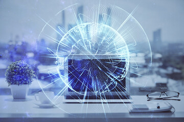 Double exposure of business theme icons and work space with computer background. Concept of success.