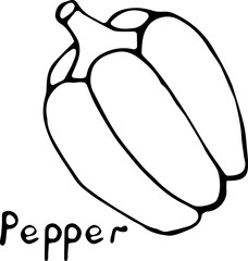 Vector illustration of a pepper in the Doodle style, hand-drawn black outline on a white background with the text 
