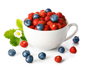 Berry wild strawberry and blueberry in cup with green leaf and flower. Fruity still life. Healthy eating. Isolated on white background.