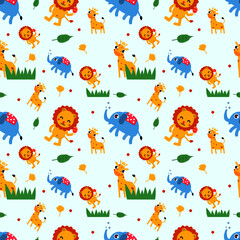 cute safari animal (lion ,elephant and giraffe) seamless patttern,hawaii textile.