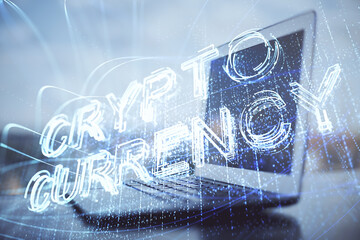 Multi exposure of blockchain and crypto economy theme hologram and table with computer background. Concept of bitcoin cryptocurrency.