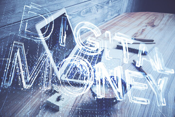 Multi exposure of blockchain and crypto economy theme hologram and table with computer background. Concept of bitcoin cryptocurrency.