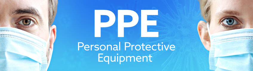Personal Protective Equipment (PPE). Faces of man and woman with face mask. Couple wearing...