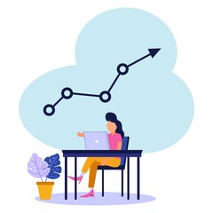 A business woman is working on her laptop. Modern office interior with graphic icons of economic growth in the background. Vector illustration.