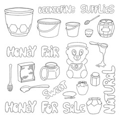 Honey Fair Set. Jars and containers for honey. Beekeeping products. Inscriptions about honey isolated