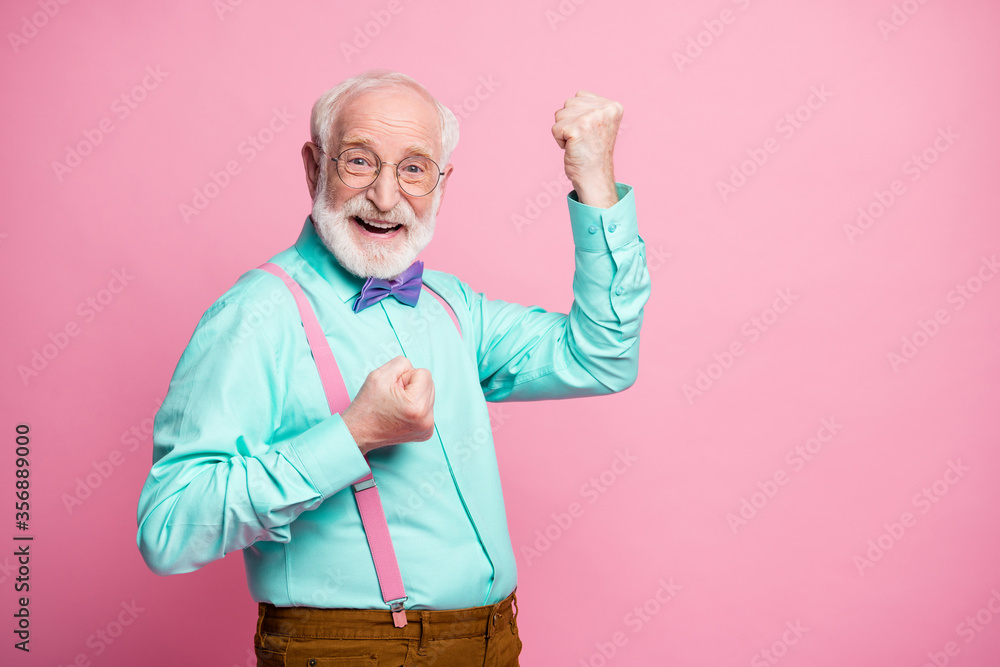 Poster profile photo of funky crazy grandpa raise fists ecstatic good mood cool achievement wear specs mint