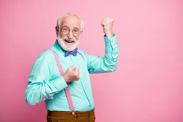 Profile photo of funky crazy grandpa raise fists ecstatic good mood cool achievement wear specs...