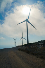 Landscape with hills and wind turbines
