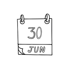 calendar hand drawn in doodle style. June 30. Asteroid Day, date. icon, sticker, element for design planning, business holiday
